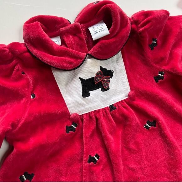 TWO Vintage 1990s Red Velvet Baby Dresses Lacey Floral Schnauzer Dog with Hat - Picture 8 of 13